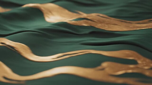 Abstract dark green and gold flowing liquid waves.