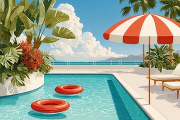 Fototapeta premium Sunny poolside scene with striped umbrella, lounge chairs and inflatable rings by the sea