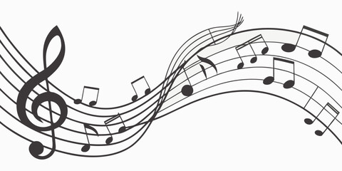 Music notes flowing on staves with treble clef sheet music black and white sound wave orchestra classical notation instrument abstract illustration composition education learning symphony © Mamun