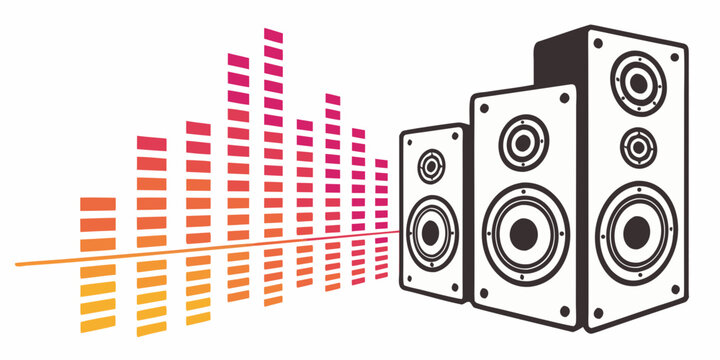 Two audio speakers with colorful sound equalizer bars and gradient line vu meter sound system pop art digital art flat design bass boost sound effect speakers equalizer loudspeaker vu meter
