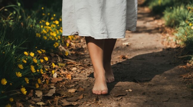 Woman walks barefoot on a path surrounded by yellow flowers and green grass. Her white dress flows as she moves through nature enjoying a peaceful moment.