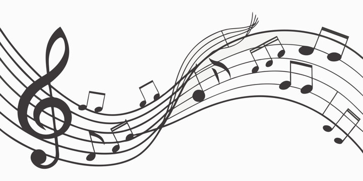 Music notes flowing on staves with treble clef sheet music black and white sound wave orchestra classical notation instrument abstract illustration composition education learning symphony