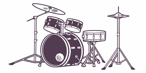Purple drum kit illustration with bass drum hi hat instrument percussion performance orchestra rockstar musician hardware equipment illustration silhouette minimalist © Mamun
