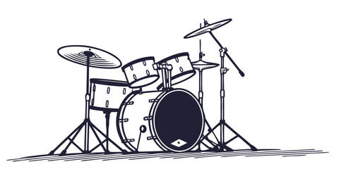 Drum kit with cymbals illustration bass drum hi hat instrument percussion performance orchestra rockstar musician hardware equipment illustration silhouette minimalist © Mamun