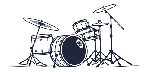 Drum set graphic illustration with bass drum hi hat instrument percussion performance orchestra rockstar musician hardware equipment illustration silhouette minimalist © Mamun