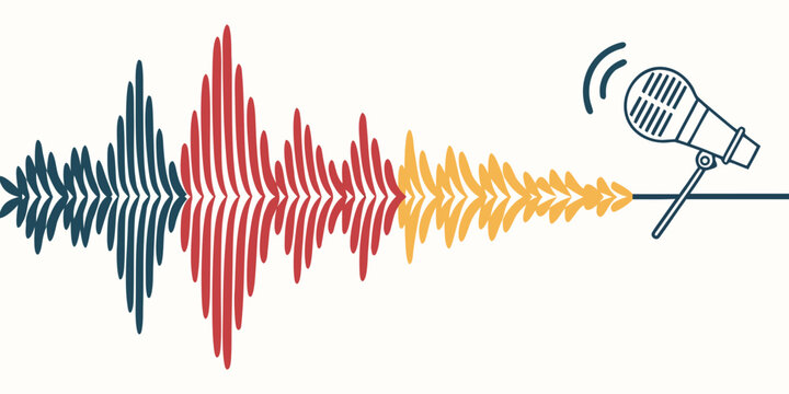 Microphone with a colorful sound wave graphic sound analysis sound signature sound recording audio signal sound output microphone waveform broadcast recording illustration spectrum