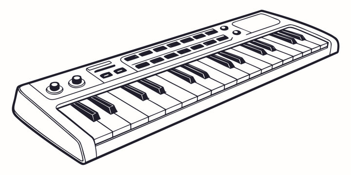 Detailed line drawing of an electronic synthesizer keyboard with multiple keys buttons control knobs a digital display presented in an isolated view music production sound design midi controller