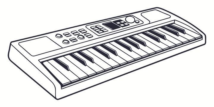 Clean line art illustration of a portable electronic keyboard with numerous keys a digital screen control buttons rotary knobs angled for a dynamic perspective midi controller keyboard instrument