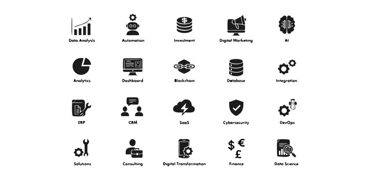 Business and technology icons set: data analysis automation investment digital marketing analytics dashboard blockchain database integration erp crm saa s cybersecurity dev ops solutions consulting