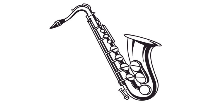 Detailed outline drawing of a saxophone a brass musical instrument with keys and a bell presented from a side angle with a stark white background saxophone instrument performance illustration