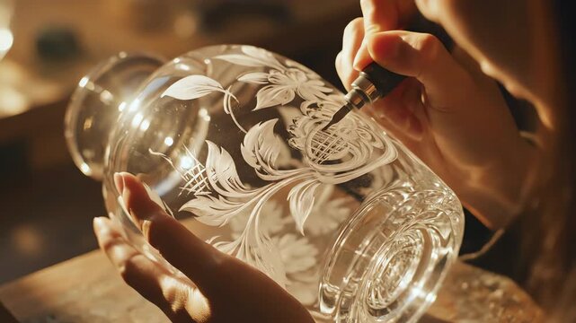 Intricate 4k cinematic orbit of artisan etching crystal glass vase patterns during golden hour luxury handcrafted decor for high-end advertisement and professional design