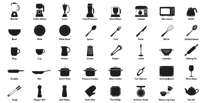 Labeled kitchen appliance and tool icons featuring silhouettes of a blender coffee maker microwave toaster and common cooking utensils appliances utensils silhouettes processor microwave