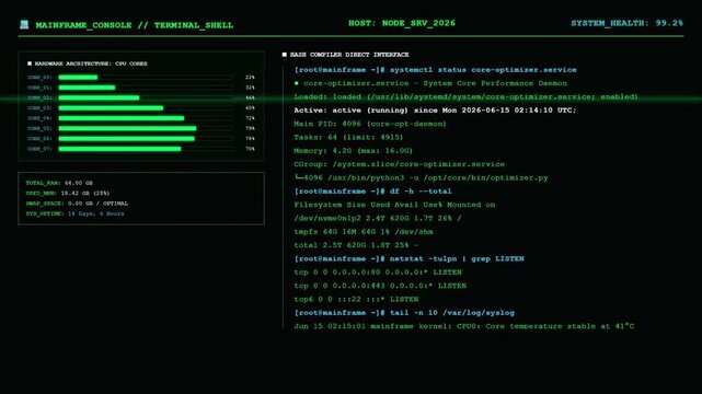 Mainframe Terminal Bash Console CPU Core Server Monitor Dashboard Animation.