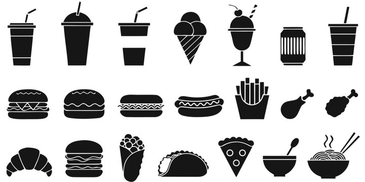 Black silhouette fast food and beverage icon set featuring burgers pizza and snacks croissant restaurant collection silhouettes resource minimalist breakfast beverage takeaway delivery