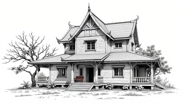 The image depicts a large, ornate wooden house with traditional architectural features, including a steeply pitched roof with decorative eaves and multiple gables