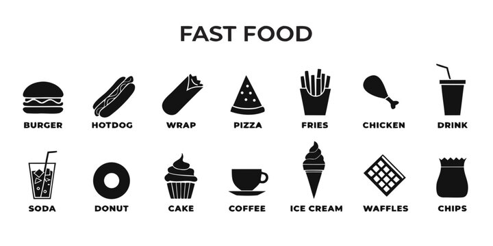 Labeled fast food icon collection with text for restaurant menus and apps restaurant collection silhouette typography resource minimalist takeaway delivery calories unhealthy beverages