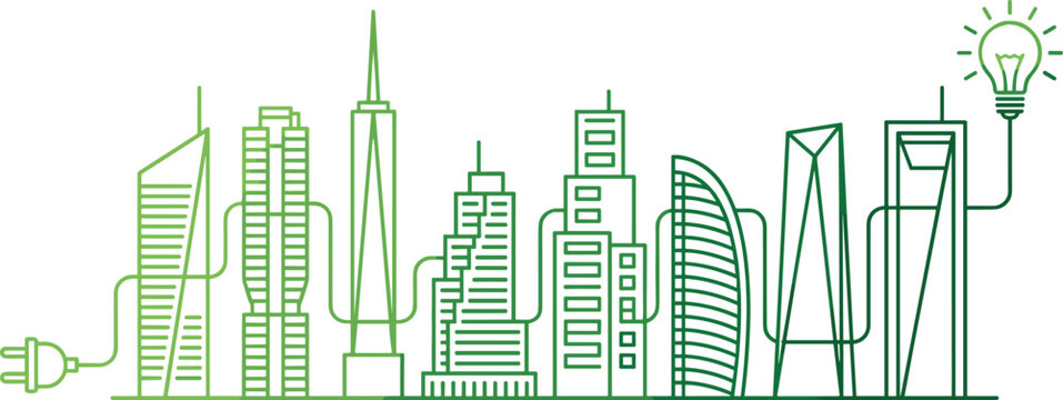 Smart city grid line art vector illustration featuring green sustainable skyscraper skyline buildings connected with electric plug and shiny eco lightbulb concept.
