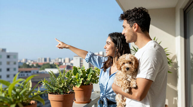 Young human couple and their small pet dog enjoy the urban lifestyle from their sunny balcony pointing to the cityscape embodying happy modern living concept