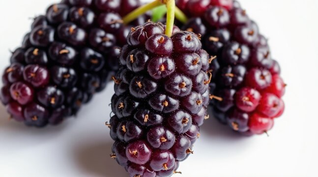 Ripe dark purple mulberries show bumpy texture with small seeds. Fresh organic berries arranged on clean white background. Healthy sweet fruit is delicious.