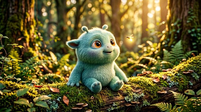 Cute alien. Fluffy extraterrestrial being sitting in the forest
