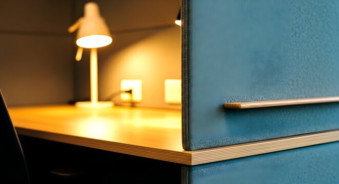 Row of modern desk lamps illuminating a collaborative work zone in a contemporary co-working space highlighting functional office design and professional productivity.