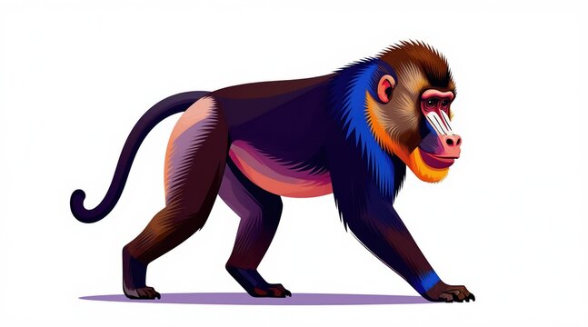 Vibrant mandrill monkey walks on white background. This colorful primate has striking facial features and striped fur. Illustration is isolated for easy graphic use.