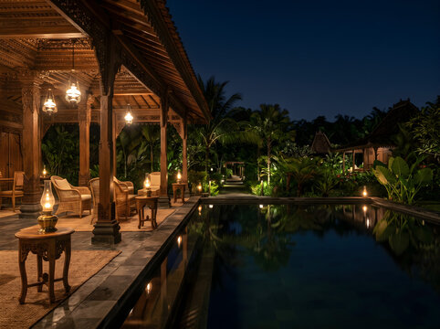 Balinese Resort Reflection Pool Terrace at Night with Carved Teak Pavilion and Still Water