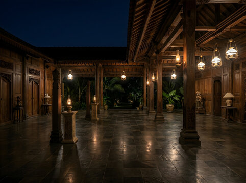 Dramatic Balinese Resort Open-Air Lobby Night Scene with Deep Shadows and Warm Lamp Glow