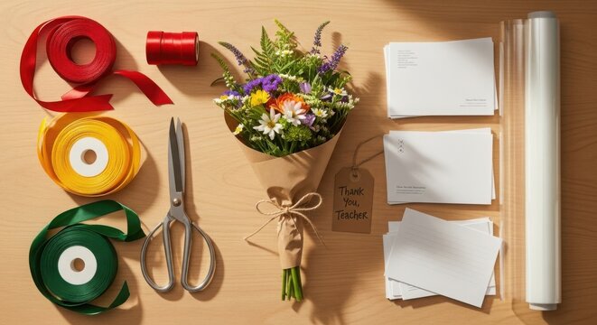 Flat lay of a small bouquet of wildflowers wrapped in brown paper with a thank you teacher tag, ribbons, scissors, and blank note cards on a wooden table