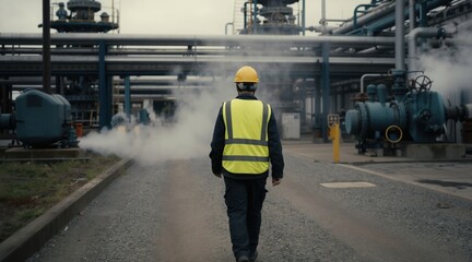 Fototapeta premium Man in safety helmet and vest walks near pipes. Steam rises from industrial equipment. Worker inspects plant operations, energy production, or factory site. Heavy machinery visible.