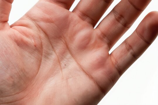 Close up of hand with blisters and calluses showing signs of hard manual work and dry skin irritation. Macro view highlights rough skin texture, small injuries.