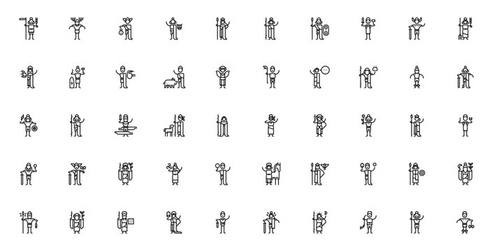 Celtic icon set. Mythology vector icon pack. Minimalist line icons set. Includes symbols for Farmer, Cernunnos, Bard, Warrior, Druid, and more. Editable vector stroke.
