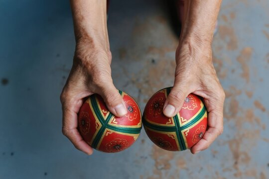 Senior woman hands manipulate decorative chinese baoding balls. These iron spheres create calming sounds. Exercise improves dexterity balance and hand strength. Promotes relaxation.
