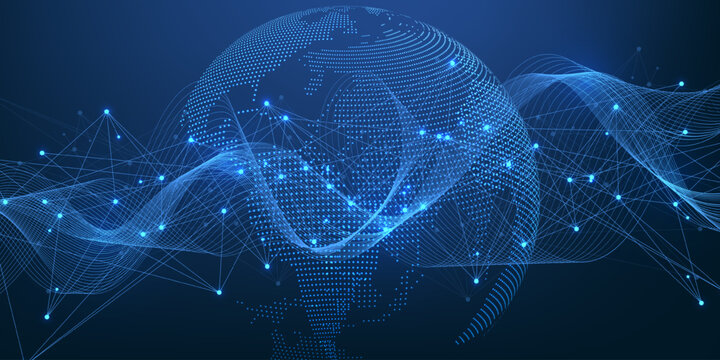 Global network connection concept. Big data visualization. Social network communication in the global computer networks. Internet technology. Business. Science. Vector illustration