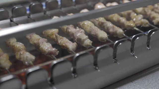 close up view to self grilled meat skewer in chinese style food smokey charcoal flame grill skew chicken, beef, mutton meet kebab.self grilled mutton skew machine