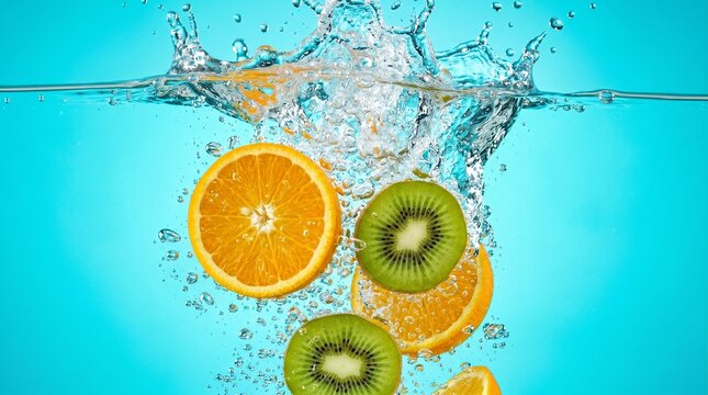 Fresh Orange and Kiwi Fruit Slices Dynamic Water Splash Stock Photo