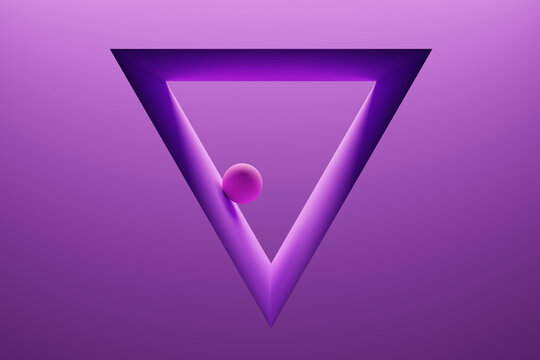 Three dimensional render of small sphere inside triangle shaped frame