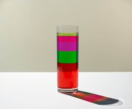 Glass of layered colorful liquids casting a shadow on a table