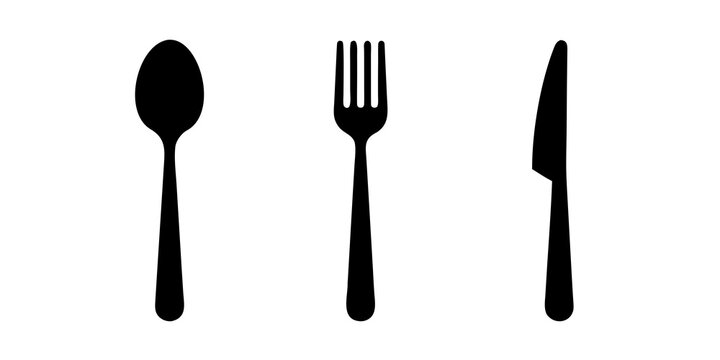 Clean minimalist silhouette illustration of spoon fork and knife set for modern restaurant branding and food service icons with silhouette restaurant silverware isolated breakfast kitchenware