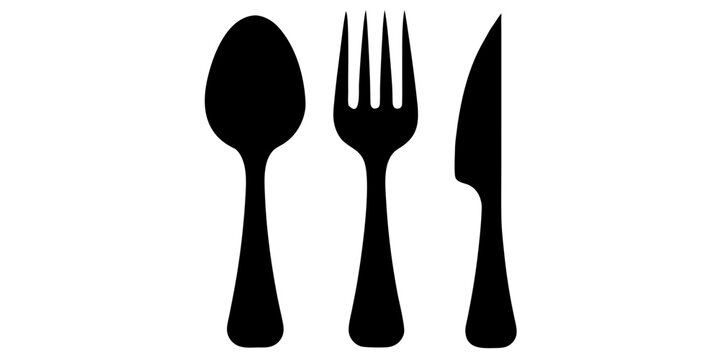 Minimalist black silhouette icon set of a spoon fork and knife representing dining restaurant services and cutlery isolated on a white background with silhouette restaurant silverware isolated