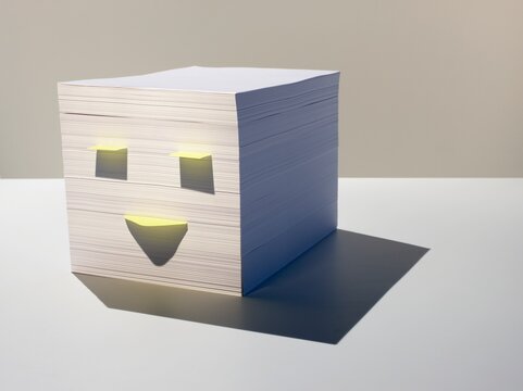 Stack of paper with a smiling face made of a sticky note