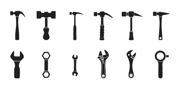 Set of diverse hammer and wrench silhouettes for industrial and diy hardware themes with hardware construction silhouette collection maintenance carpenter mechanic industrial isolated
