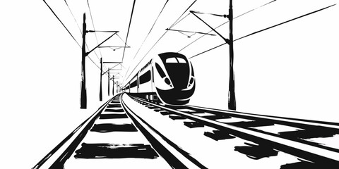 High speed electric train on railway tracks with overhead power lines and utility poles illustration bullet train electric locomotive transportation infrastructure illustration monochrome © AX