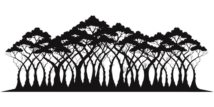 Black silhouette of a dense forest with deciduous trees and intertwined trunks isolated on a white background for graphic design silhouette landscape environment isolated illustration background
