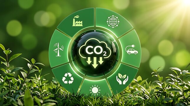 Circular infographic visualizing carbon footprint reduction and sustainability through renewable energy, recycling, and eco-friendly transportation.