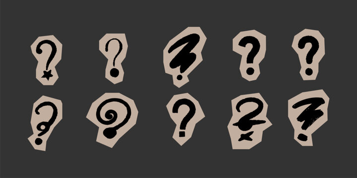 Question mark scrapbook paper collection with hand drawn doodle elements on notebook background. Handwritten sketches of pop art icons, playful patterns and scribbles for creative collage designs.