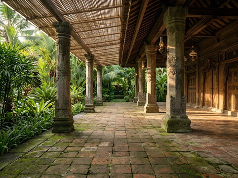 Javanese Heritage Corridor Aged Terracotta Floor with Moss Growth and Golden Hour Tropical Light