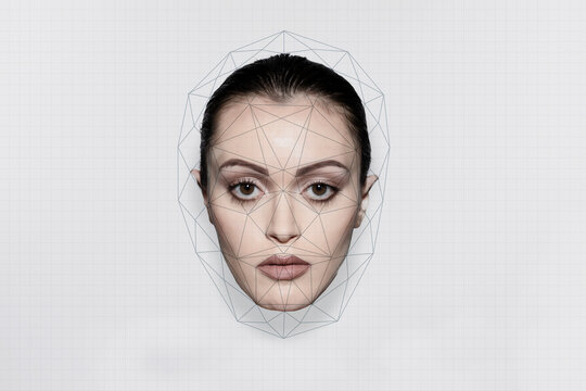 Face recognition analyzing on woman's face over white background
