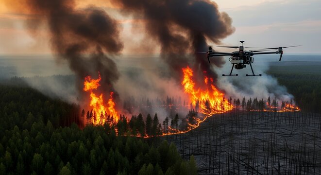 Drone captures forest fire with smoke and flames burning trees