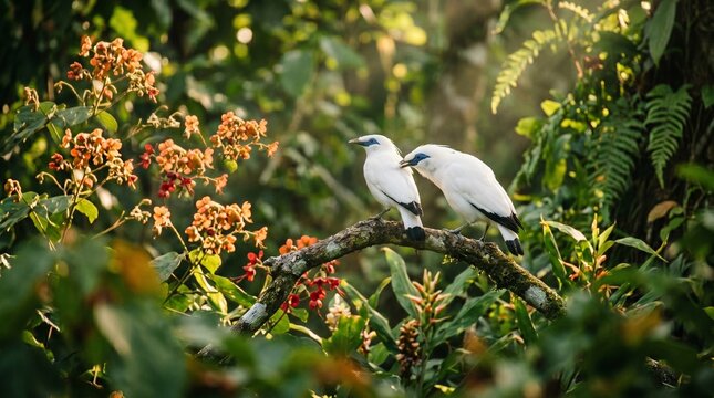 Two white birds perched on a branch in lush tropical forest